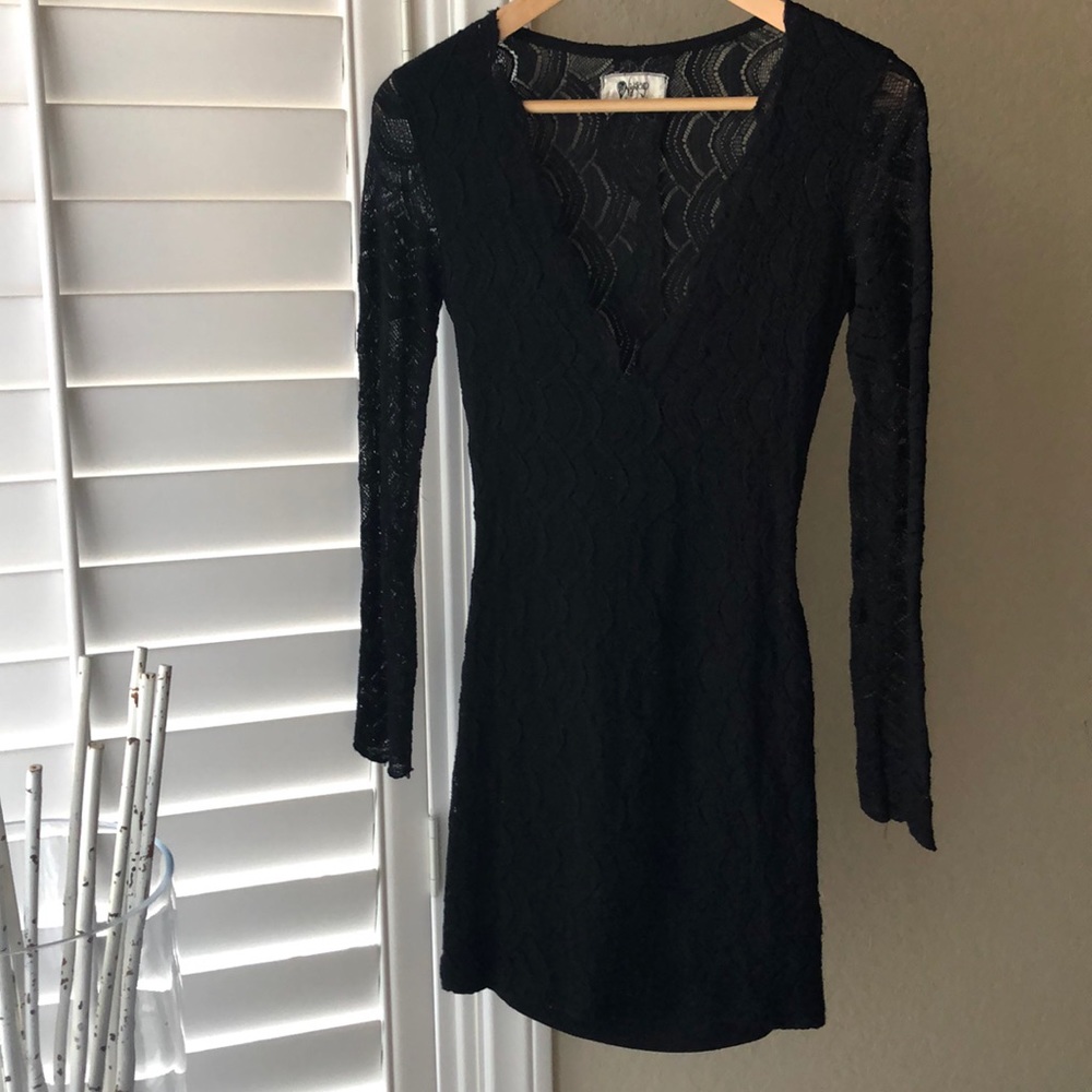 Deep v black lace night cap dress